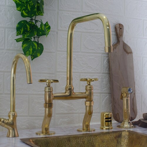 Unlacquered Brass Bridge Kitchen Faucet Brass Faucet With Etsy