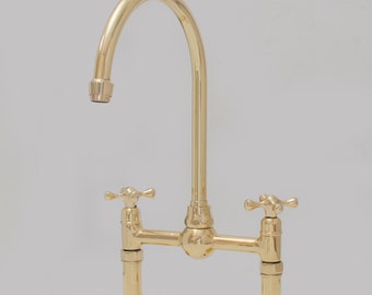 Unlacquered Brass Bridge Faucet, Kitchen Sink Faucet, Simple Cross Handles