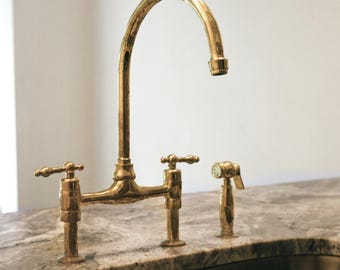 Unlacquered Brass Bridge faucet, Aged Brass Kitchen Sink Faucet, Vintage Lever Handles