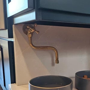 Op de afbeelding: Een wit aanrecht met twee donkergrijze keramische kommen, waarvan er één bruin hondenvoer bevat. Een gouden kraan is aan de muur boven de kommen gemonteerd. Het aanrecht maakt deel uit van een donkerblauwe kast.