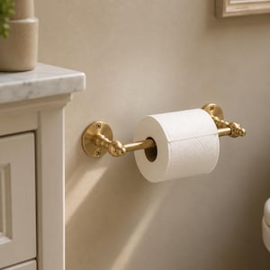 以下が含まれることがあります： ブラッシュドブラス仕上げの壁掛け式トイレットペーパーホルダー。ネジが見える円形の取り付けプレートと両端の装飾的なフィニアルが特徴で、白いトイレットペーパーを1ロール保持しています。
