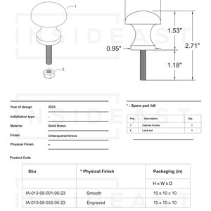 May include: A pair of cabinet knobs made from solid brass, available in either a smooth or engraved finish. The knobs measure 1.53 inches wide and 2.71 inches tall. The knobs are available in a range of finishes, including unlacquered brass.