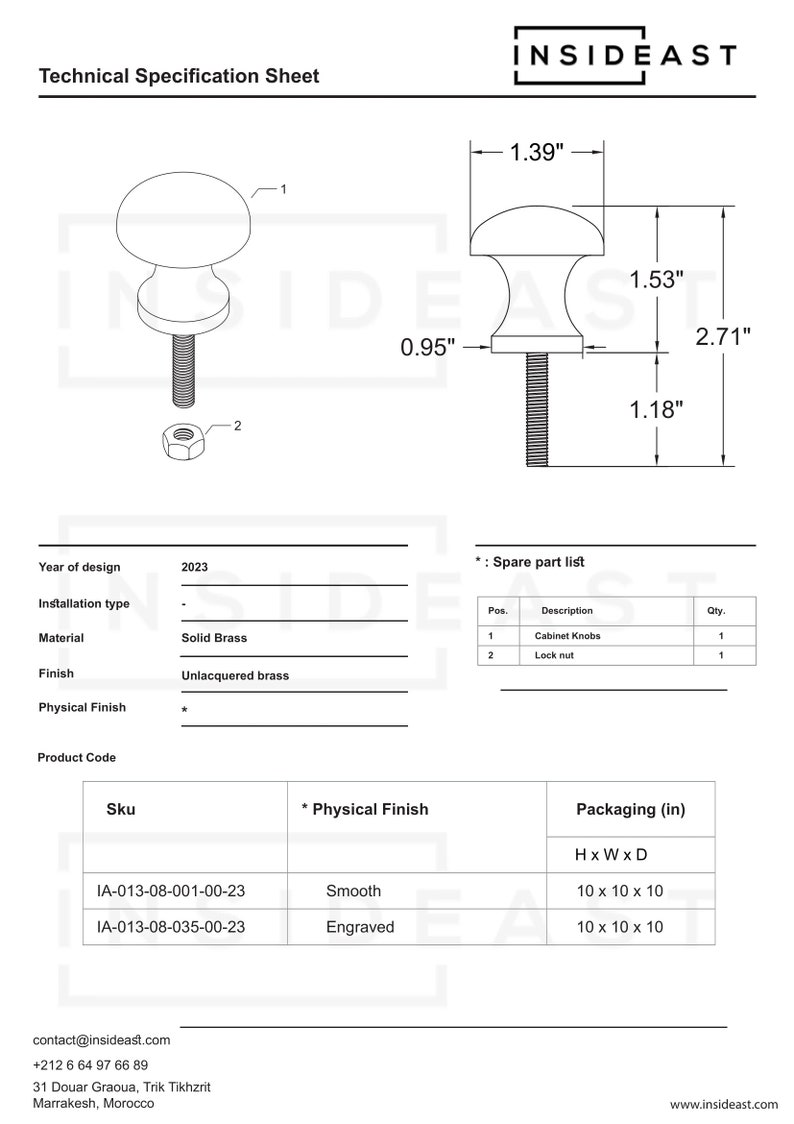 May include: A pair of cabinet knobs made from solid brass, available in either a smooth or engraved finish. The knobs measure 1.53 inches wide and 2.71 inches tall. The knobs are available in a range of finishes, including unlacquered brass.