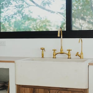 Antique Solid Brass, Arched Bridge Unlacquered Brass Kitchen Faucet, 2 Holes Sink Faucet