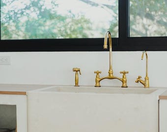 Antique Solid Brass, Arched Bridge Unlacquered Brass Kitchen Faucet, 2 Holes Sink Faucet