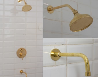 Unlacquered Brass Built-in Shower 2-Outlet, Swiveling Showerhead With Tub Faucet, Showerhead & Tub Shower Faucet Set