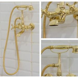 Unlacquered Brass Telephone Tub Filler And Handheld Shower, Wall-Mount Bathtub Shower Faucet With Hand Shower Set, Bathroom Tub Faucet Mixer