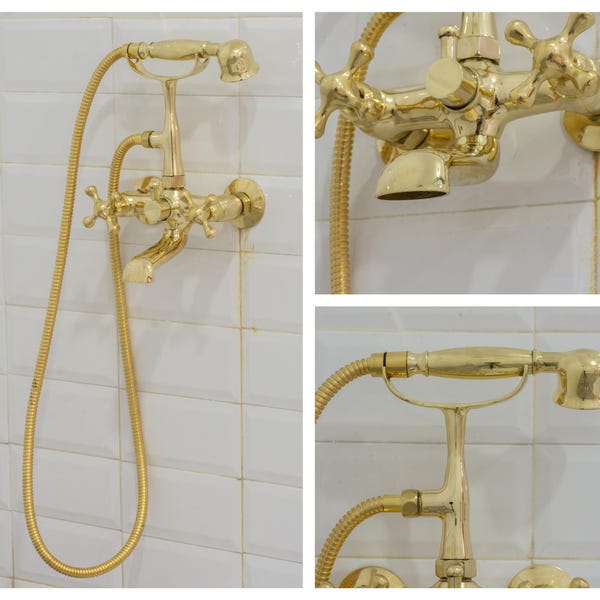 Unlacquered Brass Telephone Tub Filler Handheld Shower, Wall-Mount Bathtub Faucet With Hand Shower Set, Tub Faucet Mixer