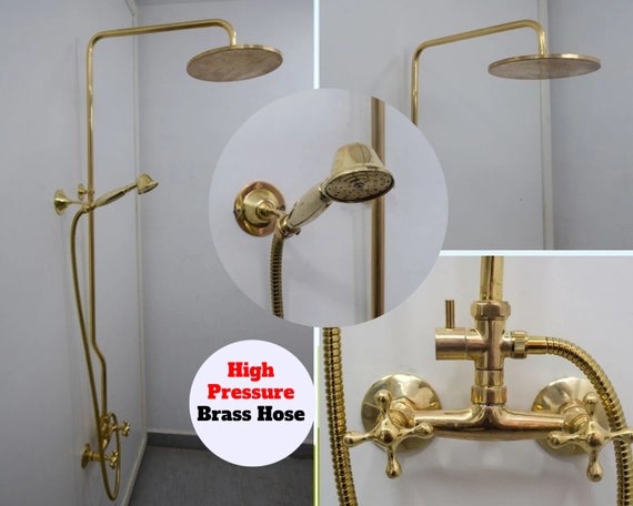 Antique Brass Exposed Wall Mount Shower System with 8 Rain Shower Head and Hand Shower