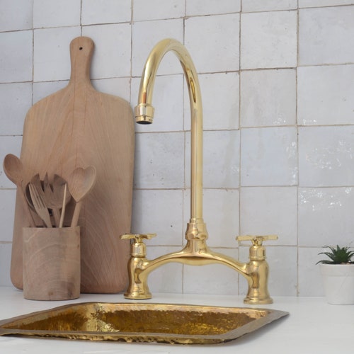 Engraved Brass Kitchen Faucet Unlacquered Bridge Faucet Etsy