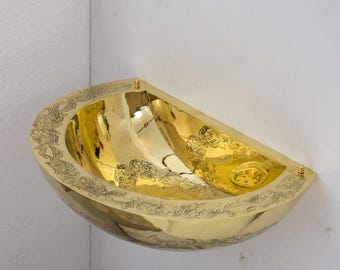 Lavabo sospeso in ottone non laccato, lavabo da bagno a parete inciso, lavabo sospeso