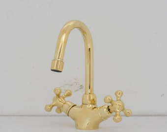 Unlacquered Brass Bathroom Bidet Faucet, Single Hole Bidet Tap, Deck-Mounted Bidet Mixer Tap, Cross Handle Bidet