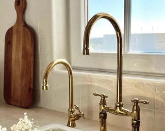 Unlacquered Brass Bridge Kitchen Sink Faucet, Antique Brass, Vintage Brass Faucet