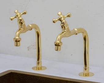 Küchenhähne aus massivem Messing, Säulenhähne für die Deckmontage, Doppelwasserhähne für die Küche, Warm- und Kaltwasserhähne