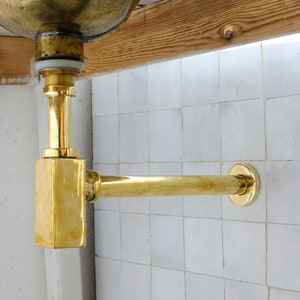 Solid Unlacquered Brass P-trap and Sink Stopper, Push Up Button, Pop Up Drain, Brass Water Trap