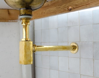 Solid Unlacquered Brass P-trap and Sink Stopper, Push Up Button, Pop Up Drain, Brass Water Trap