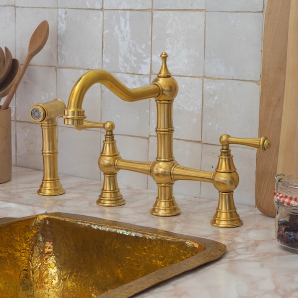 Antique Brass Kitchen Faucet With Sprayer Etsy