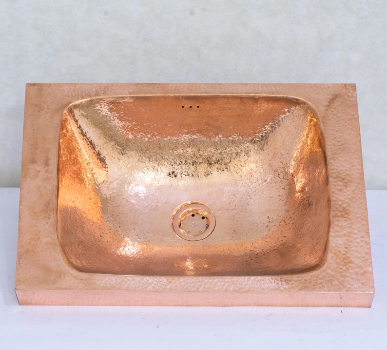 Customizable Raised Profile Bathroom Copper Sink, Hammered Copper Rectangular Sink, Vanity Sink Copper image 2