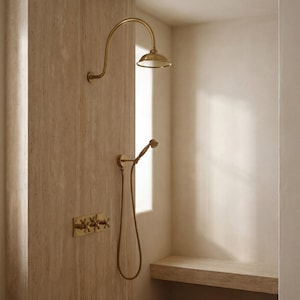 Unlacquered Brass Shower System, Built-in Showerhead, Handheld Fixture