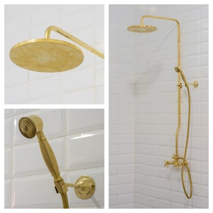Brass Shower System, Round Shower Head, Unlacquered Brass Showerhead With Handheld Shower | Duty-Free