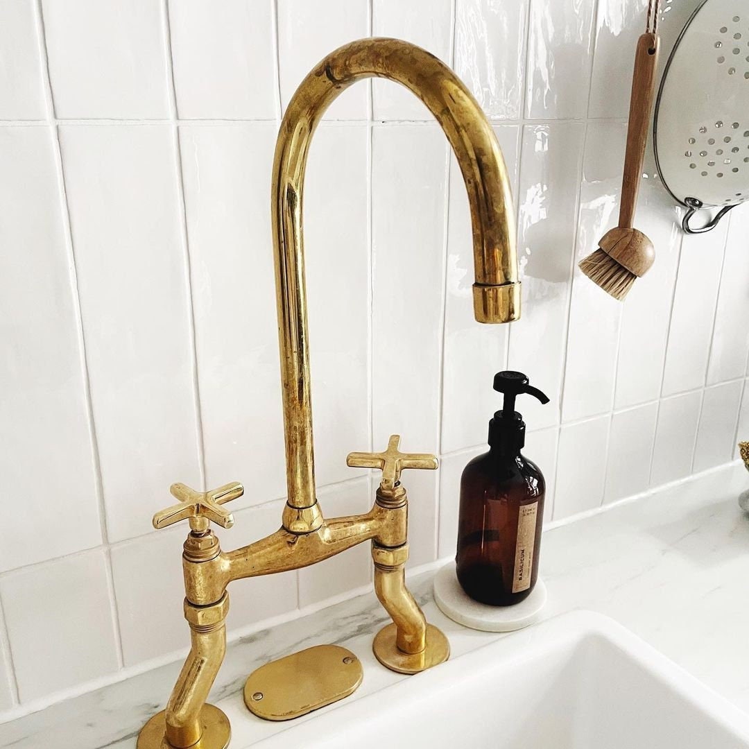 Unlacquered Brass Bridge Kitchen Faucet, Curved Legs, Flat Cross Handles,  Laundry Faucet -  Canada