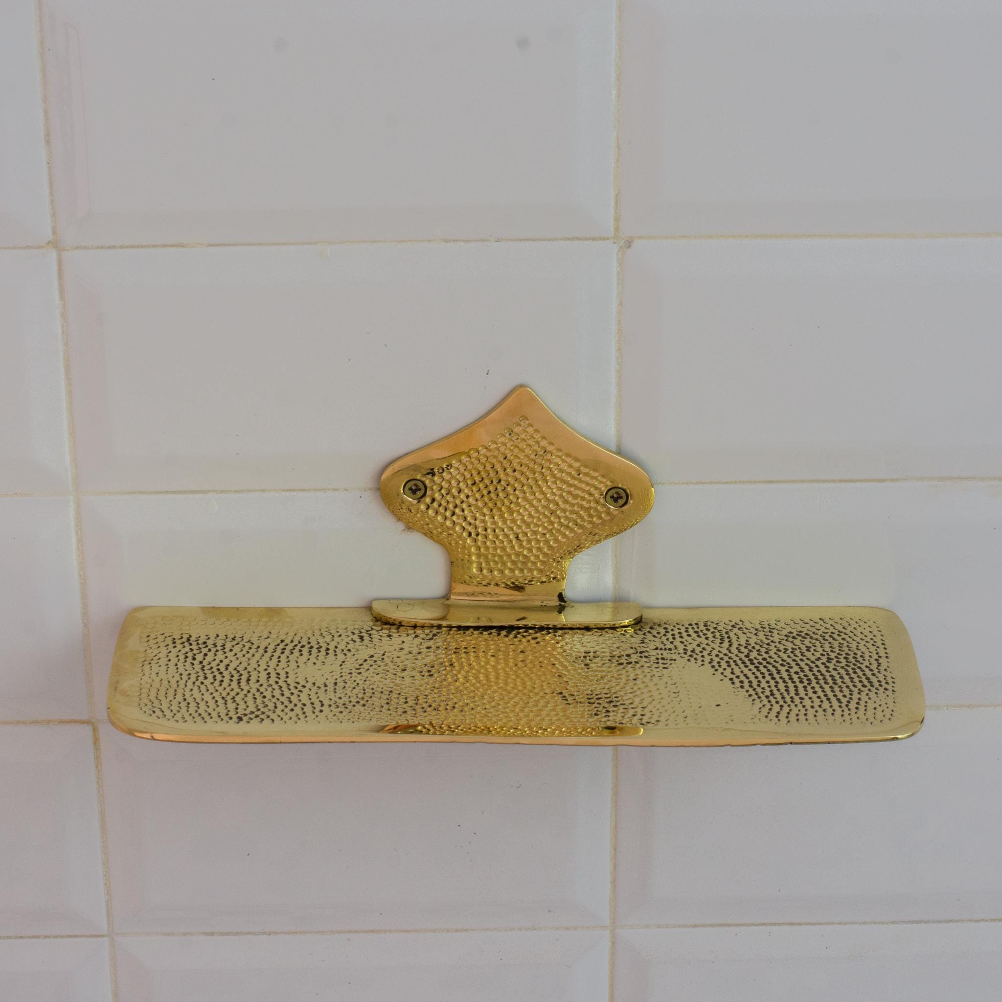 Hammered Solid Brass Floating Shelf, Bathroom Bottle Holder, Wall Mount Shelf Brass, Shampoo Hanger