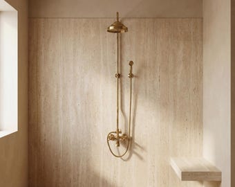 Unlacquered Brass Shower System, Hand Shower and Head Combo