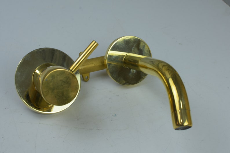 Single handle unlacquered brass wall faucet  hot and cold image 3