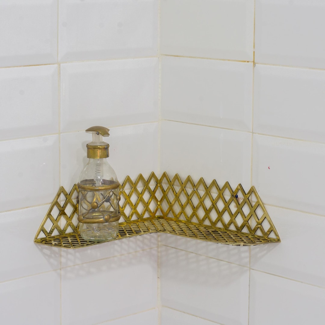 Unlacquered Brass Corner Shower Shelf Grid, Brass Floating Shower Caddy ...