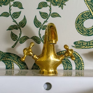 Single-Hole Unlacquered Brass Bathroom Sink Vanity Faucet with Double Simple Cross Handles