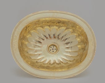 Handcrafted Petal Etched Oval Solid Brass Sink, Drop In Customizable Brass Kitchen Sink
