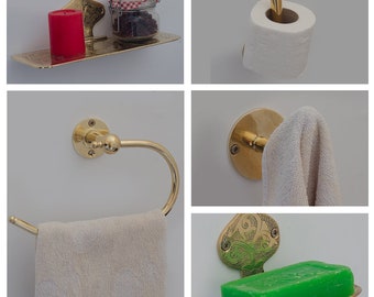 Set Of Brass Soap Holder, Brass Towel Holder, Brass Shelve, Brass Hooks, Brass Paper Holder