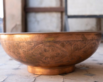 Copper Vessel Sink Engraved Basin Solid Bathroom Vessel Vanity, Counter Top Sink Bowl