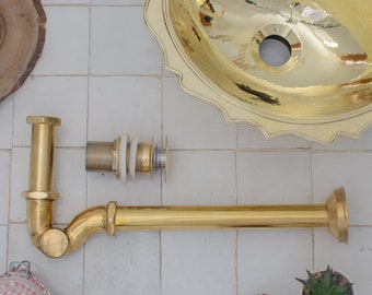 Solid Unlacquered Brass P-trap and Sink Stopper, Push Up Button, Pop Up Drain, Brass Water Trap