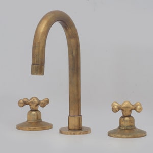 Widespread 3 Holes Solid Unlacquered Brass Faucet, Deck Mount Vanity Sink Faucet, Antique Brass Bathroom Faucet