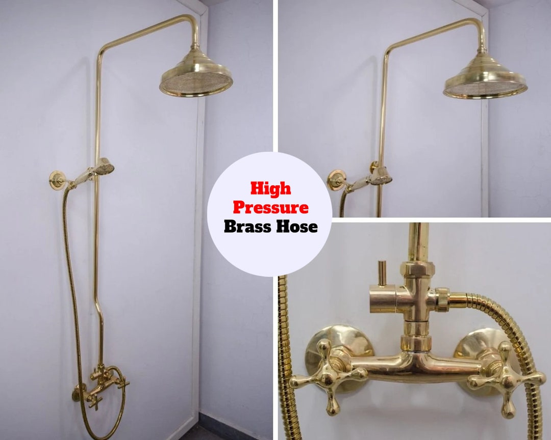 Unlacquered Brass Shower System With Handheld Shower, Round Shower Head