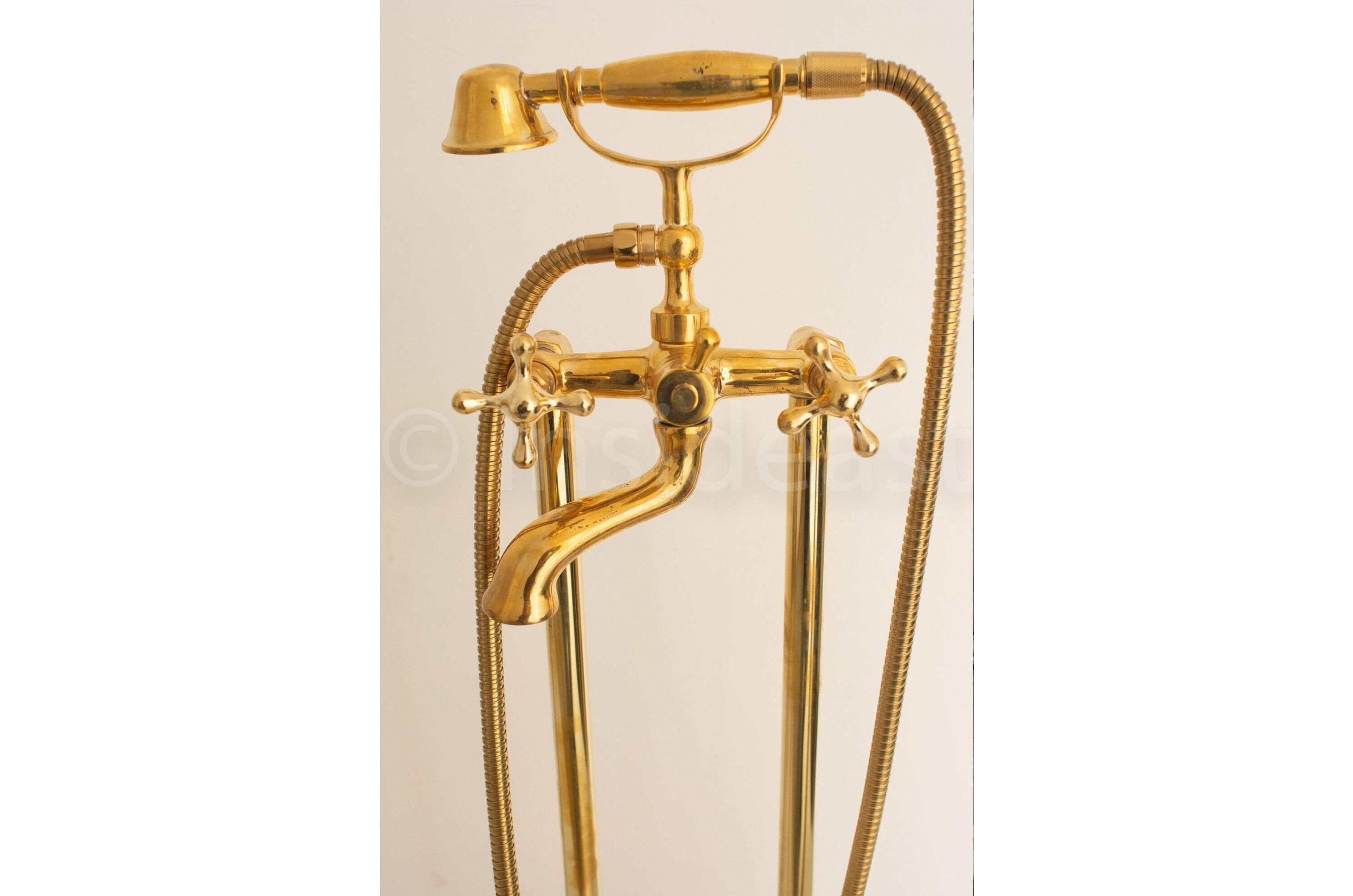 Solid Brass Freestanding Tub Filler With Hand Held, Unlacquered Brass  Faucet 