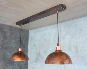 Oxidized Copper Ceiling Pendant Set, Copper Lampshade, Copper Ceiling Light Fixture, Copper Hanging Dome Light Set Kitchen Island