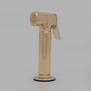 May include: A gold-coloured bidet sprayer with a round spray head and a trigger handle. The sprayer has a cylindrical body and a circular base. The design is sleek and modern, suitable for bathroom fixtures.