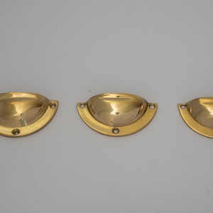 x3 Brass Kitchen Cup Handles, Handmade Cabinet Knobs, Unlacquered Brass Cup Pull Handles (Pack of 3)