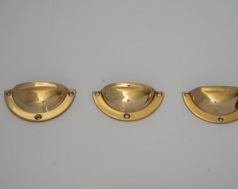x3 Brass Kitchen Cup Handles, Handmade Cabinet Knobs, Unlacquered Brass Cup Pull Handles (Pack of 3)