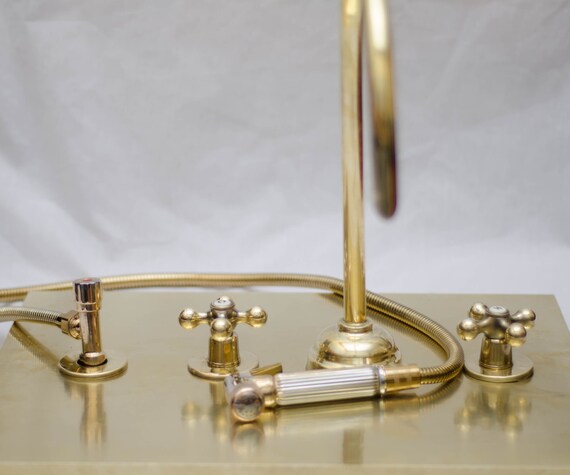 Solid Brass Kitchen Faucet With Hand Sprayer Gooseneck Faucet Etsy