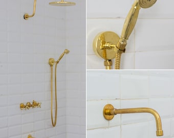 Brazo de ducha de cuello de cisne empotrado en latón sin lacar, ducha de mano oculta de 3 salidas y grifo para bañera, sistema de ducha tipo lluvia