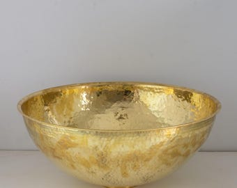 Hammered Unlacquered Brass Vessel Sink, Round Vanity Basin Sink, Bathroom Top Mount Bowl Sink