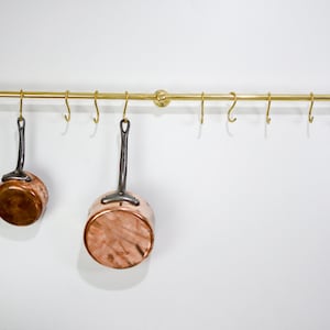Unlacquered Brass Kitchen Rods, Pot Rail With S Hooks, Pan Rack organizer, Wall Mounted Brass Kitchen Rod with Hooks