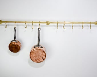 Unlacquered Brass Kitchen Rods, Pot Rail With S Hooks, Pan Rack organizer, Wall Mounted Brass Kitchen Rod with Hooks