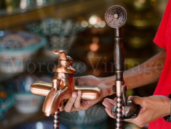 Copper Bath Tap With Hand Sprayer Wall Mount Shower Faucet Etsy
