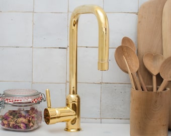 Unlacquered Brass Single Hole Kitchen Mixer Tap, Brass Single Handle Island Faucet