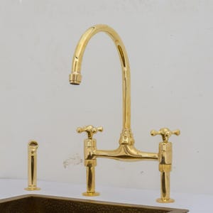8&quot; Unlacquered Brass Bridge Faucet With Sprayer, Brass Kitchen Faucet, Widespread Kitchen Faucet, Simple Cross Handles | Duty-Free
