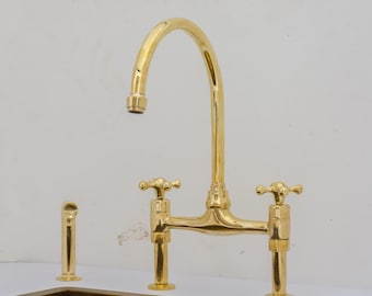 8&quot; Unlacquered Brass Bridge Faucet With Sprayer, Brass Kitchen Faucet, Widespread Kitchen Faucet, Simple Cross Handles